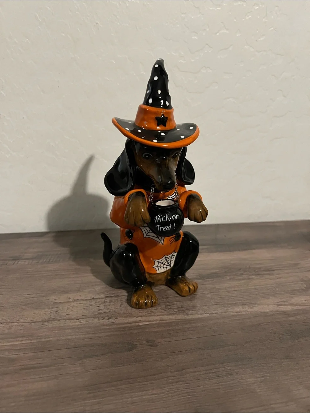 Blue Sky Halloween Witch Dachshund Figurine in Orange and Black Witch Costume